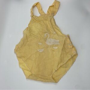 Vintage Antique? Yellow linen? overall one piece baby outfit duck stitching